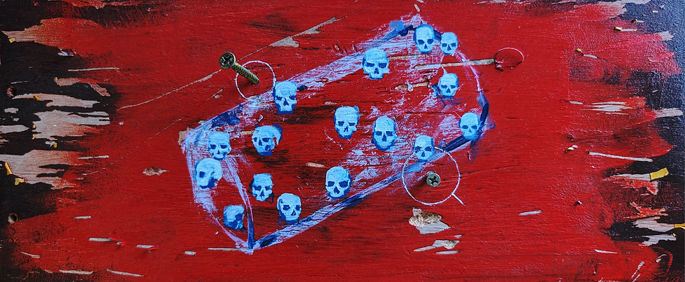 Painting of a cylindrical bomb shape,fitting the description of the one thrown at protestors at the 2026 invasion day rally. nails hammered in and surface sanded