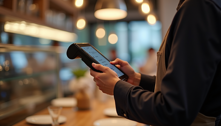 Close-up view of a restaurant server using a handheld POS device to take an order
