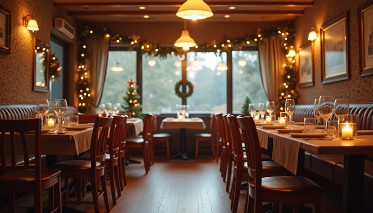 Eye-level view of a cozy restaurant dining area with seasonal decorations