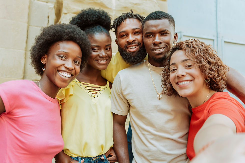 Happy multi ethnic young group of people taking selfie photo with smart mobile phone outdo