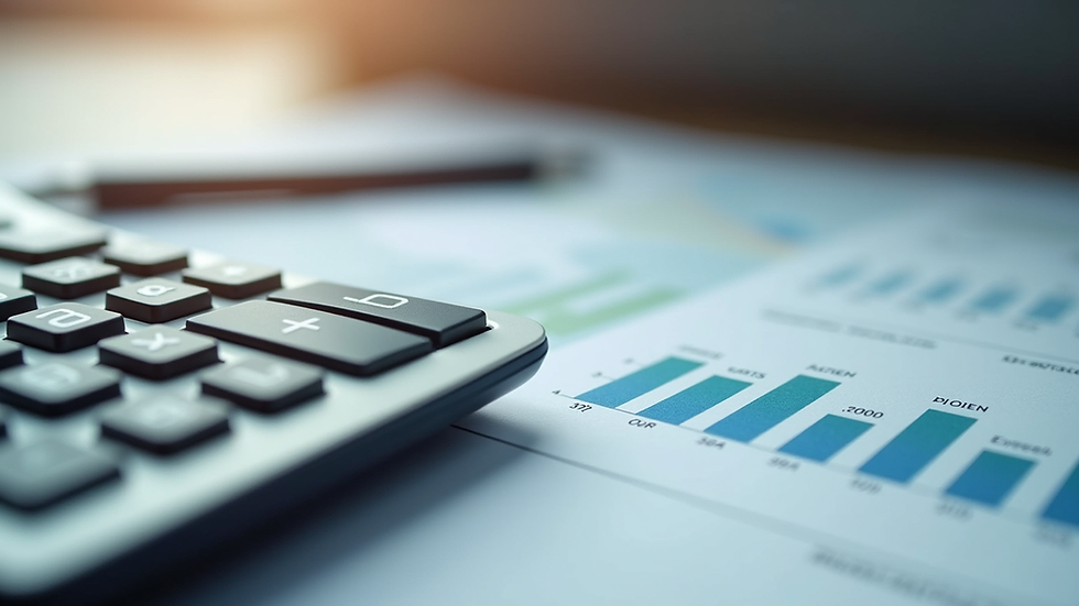 Close-up view of a calculator and financial documents