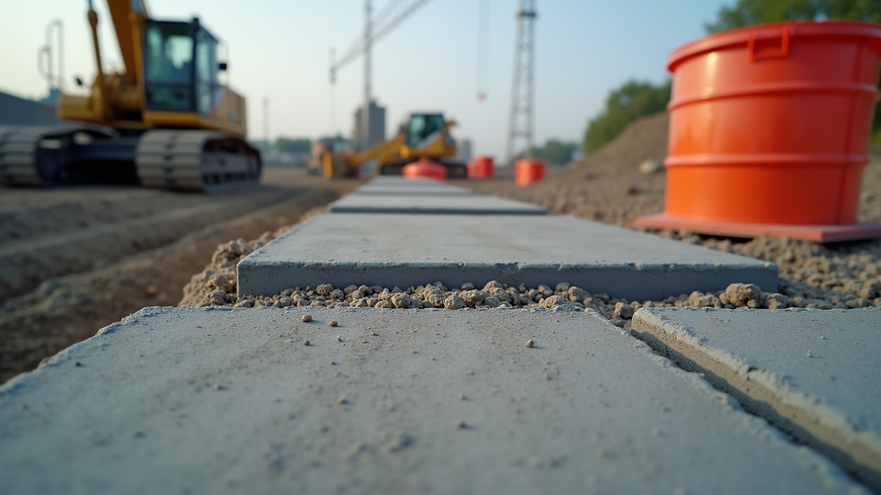 Eye-level view of a construction site showing concrete foundation work