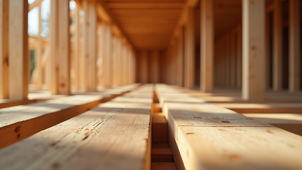 Eye-level view of wooden beams used in house framing