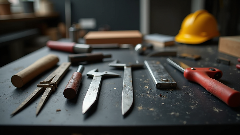 Close-up view of essential construction tools displayed on a black work table