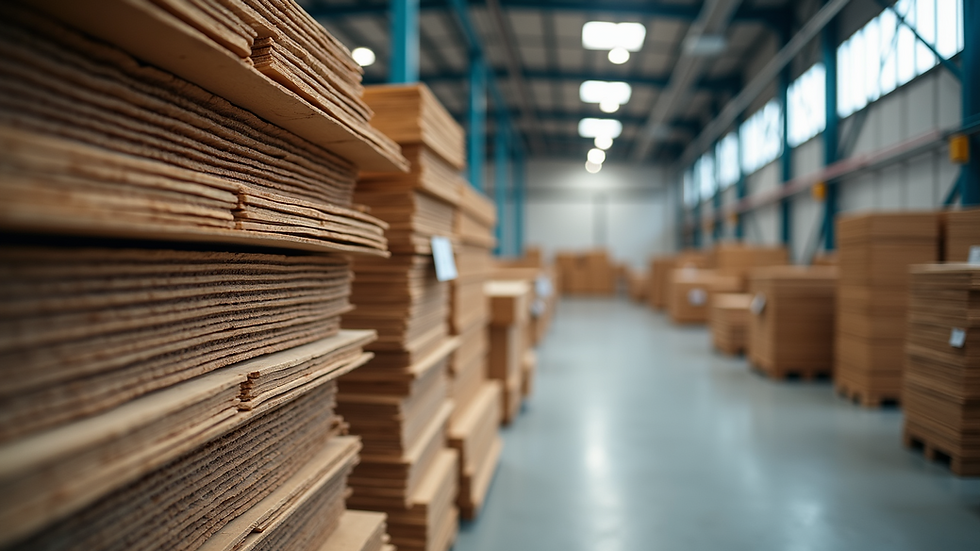 Wide angle view of construction materials stacked at a supplier location