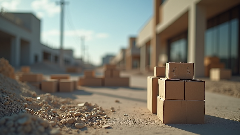 Eye-level view of a construction site showing various supplies
