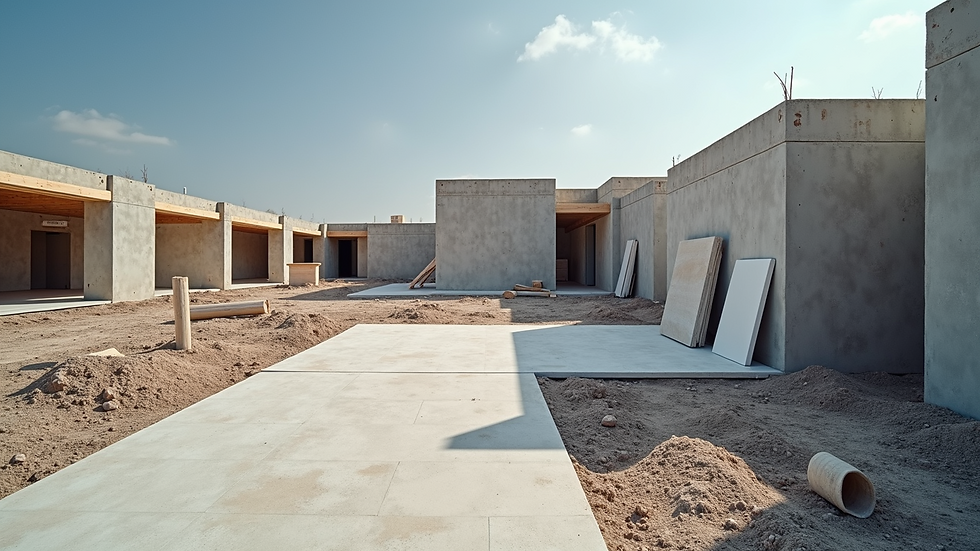 Wide angle view of a well-designed construction site showcasing various materials