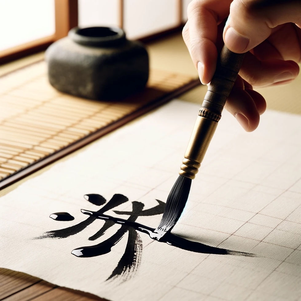 Hand holding brush to write a kanji