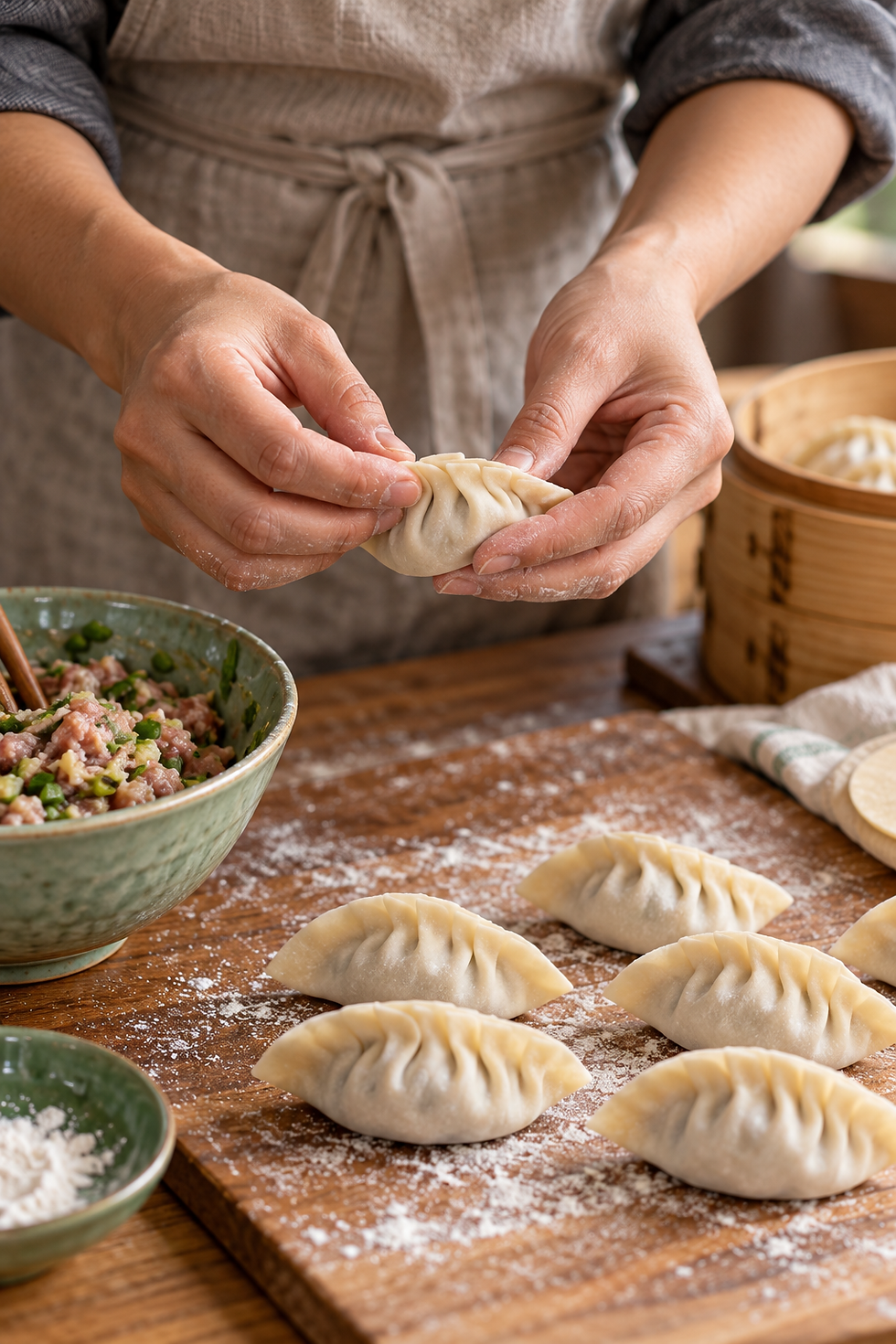 Hand-pleated dumpling in warm kitchen light.png