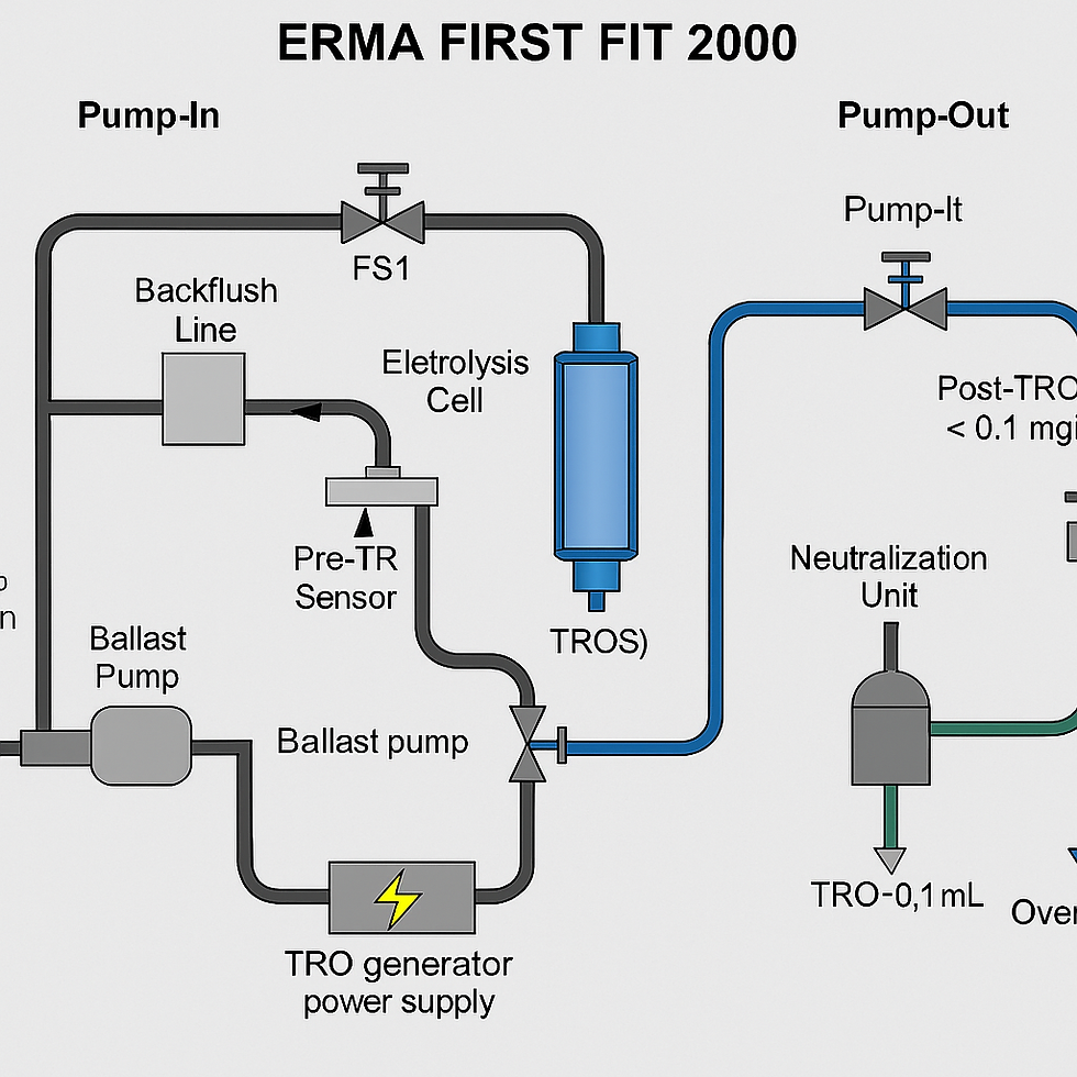 ERMA FIRST FIT 2000 — это система обработки балластной воды, сочетающая фильтрацию и электролиз, одобренная IMO и USCG. Она предназначена для уничтожения инвазивных морских организмов как при приеме балласта, так и при его сливе.