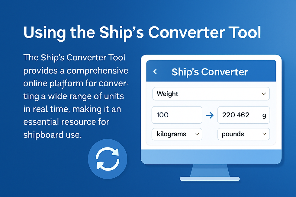 Promotional graphic of an online ship’s unit converter with a laptop interface and measurement icons, designed for onboard use by maritime professionals.