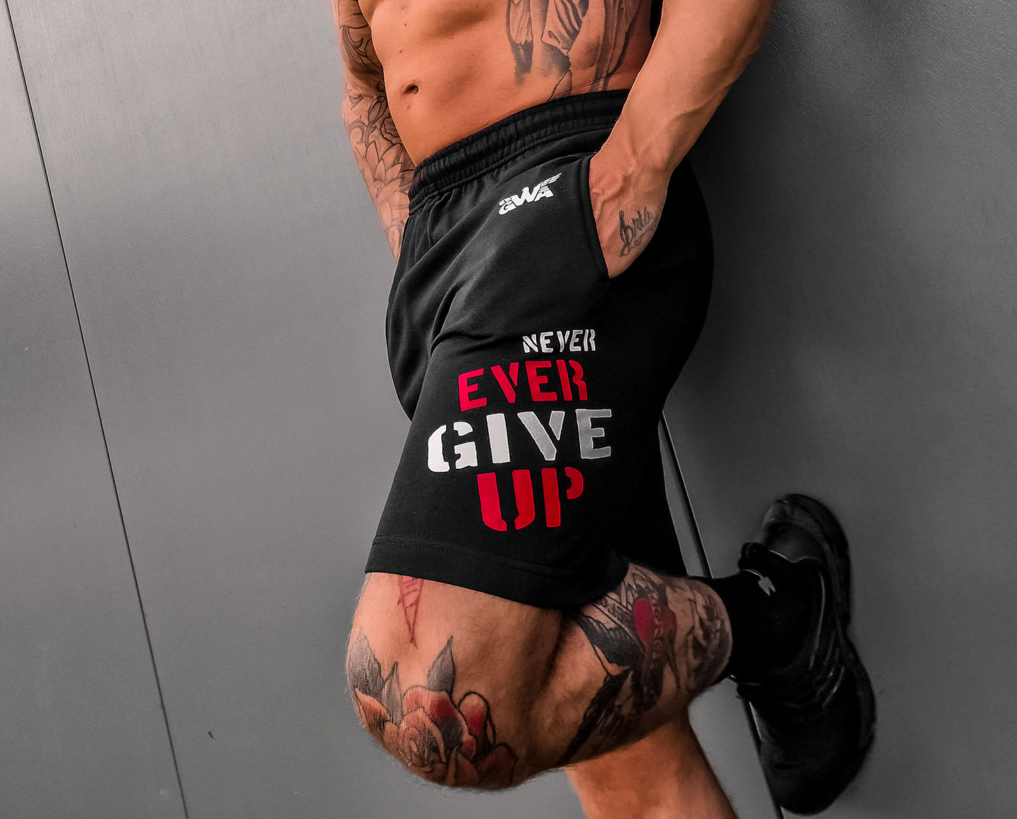 NEVER EVER GIVE UP RETRO GYM SHORTS
