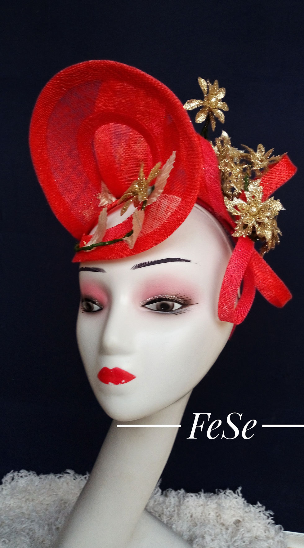 Hot Red Spiral  Wedding Fascinator, fine gold flower-headband fixing, made in NG