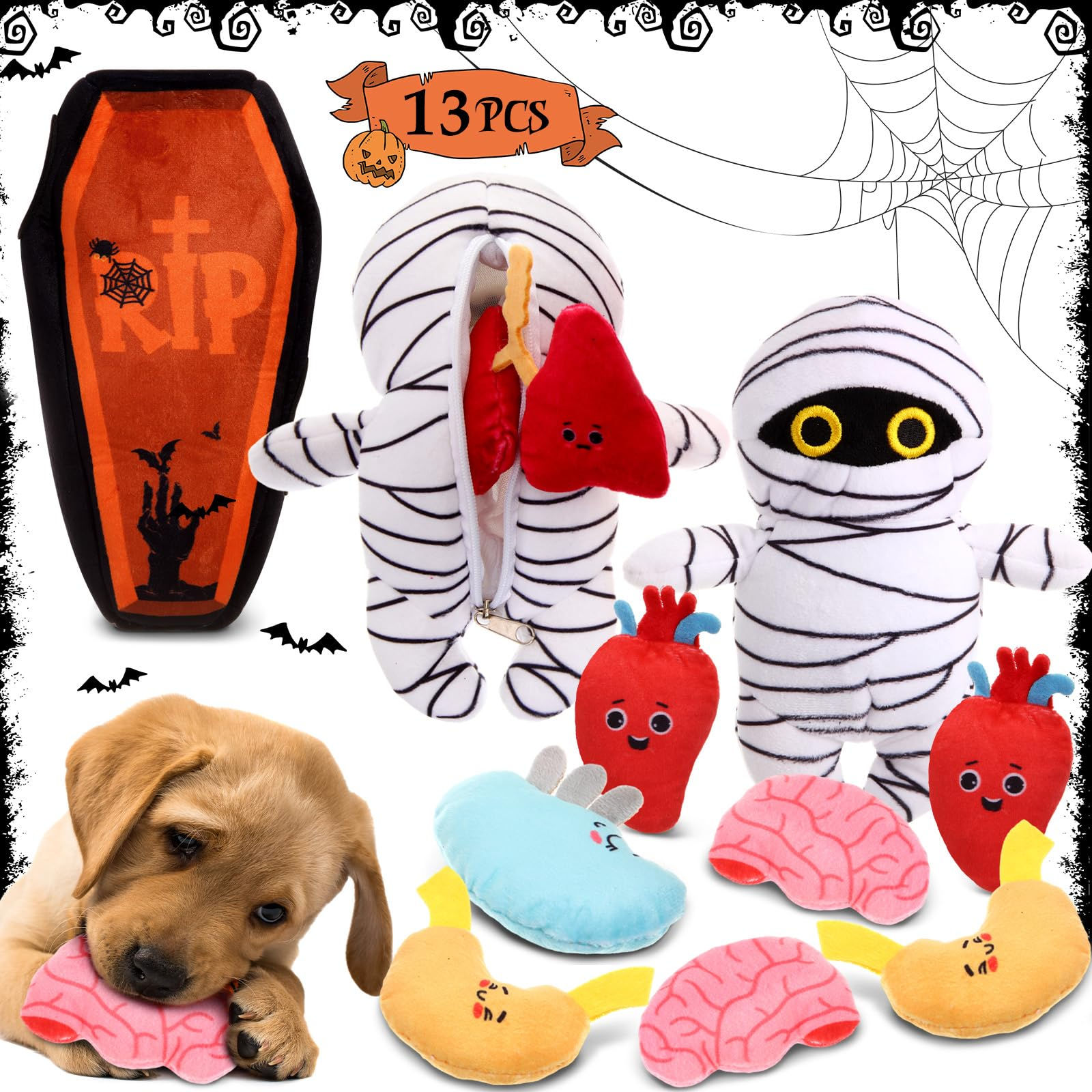 Glimin 13 Pcs Halloween Hide and Seek Dog Toys Halloween Coffin Mummy Dog Toys w