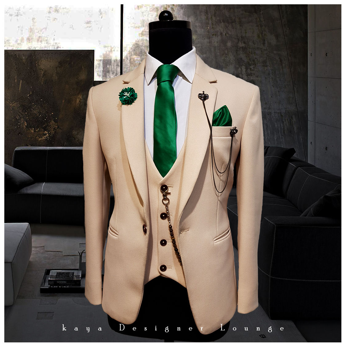 Cream Textured Three Piece Suit