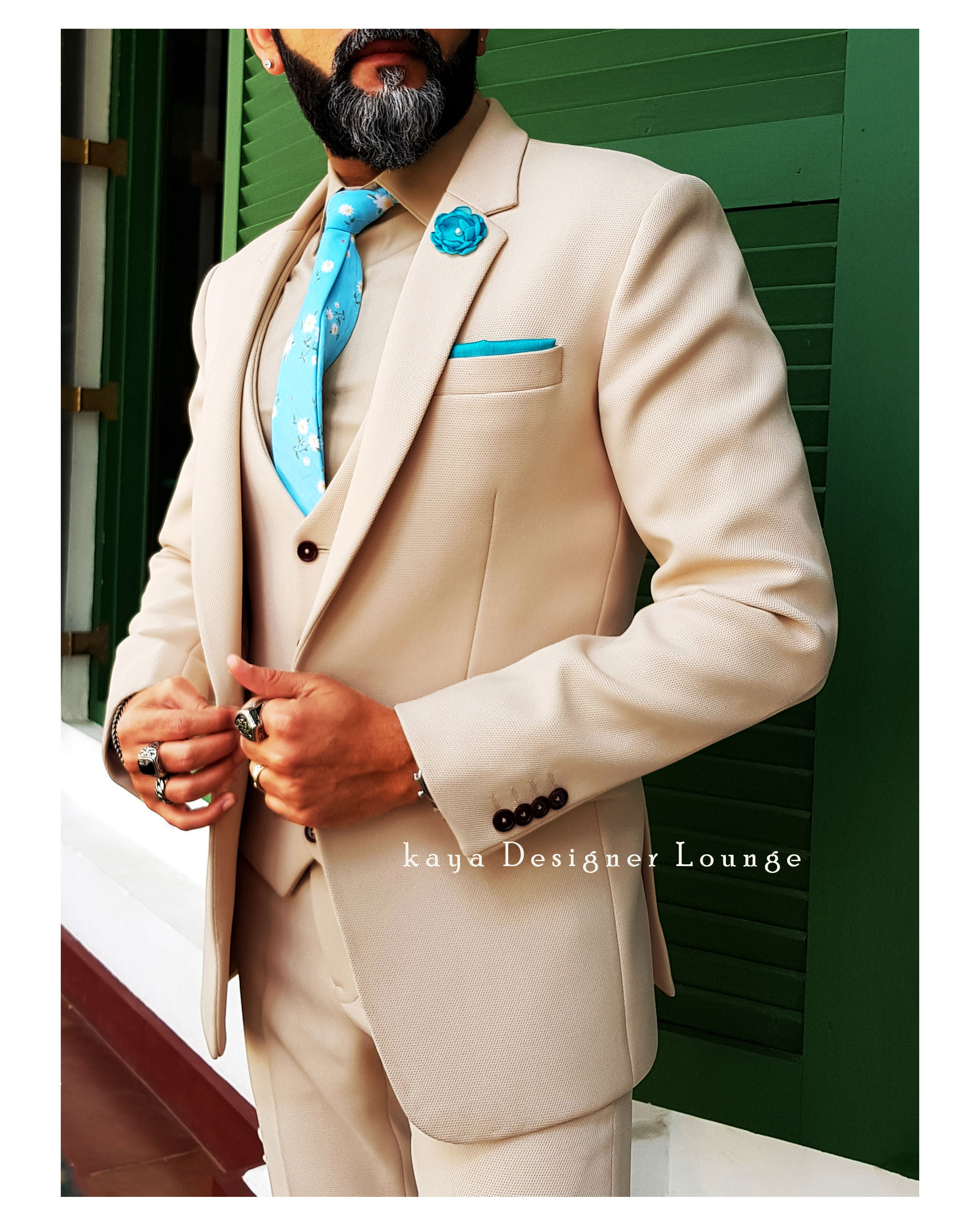 Cream Textured Three Piece Suit