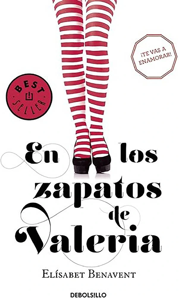 Portada original de En los zapatos de Valeria: unas piernas femeninas con medias a rayas rojas y blancas y zapatos negros de tacón