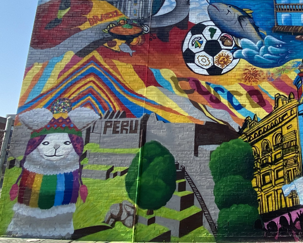 Completed portion of the Cusco, Peru mural + Soccer Ball & Tuna Fish