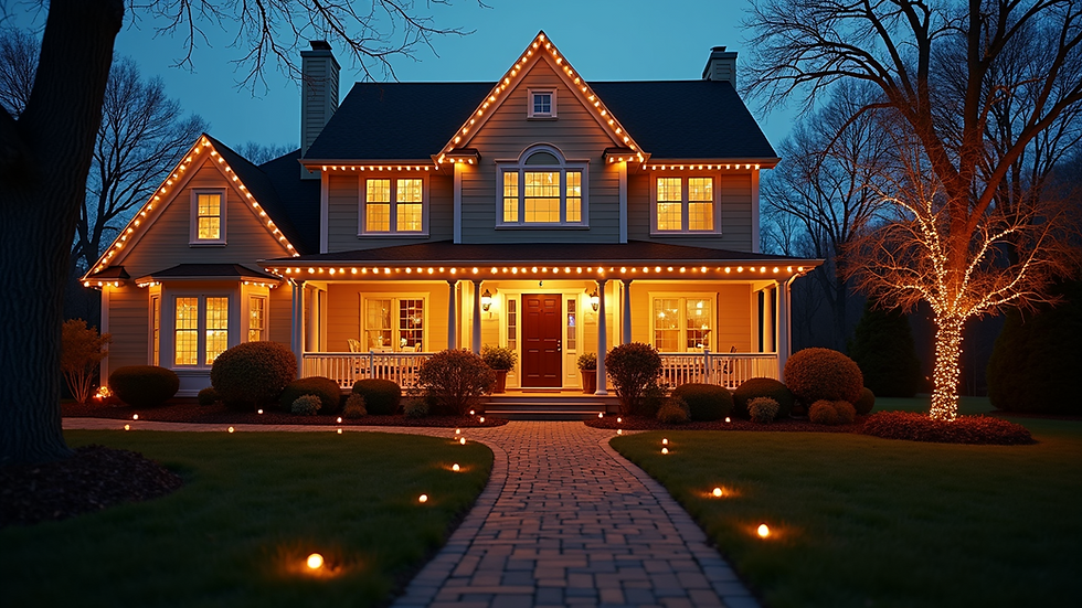 Eye-level view of a house with professionally installed holiday lights glowing at dusk