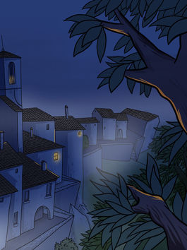 An illustration of a dark misterious town covered in fog