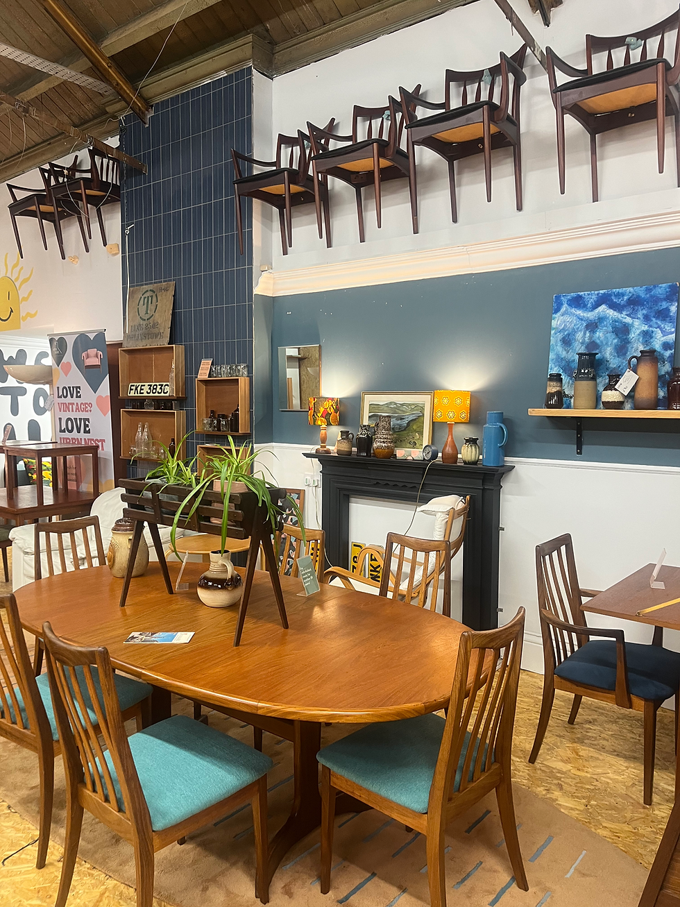 A typical view of the urbn nest showroom showing vintage furniture and decorative pieces.