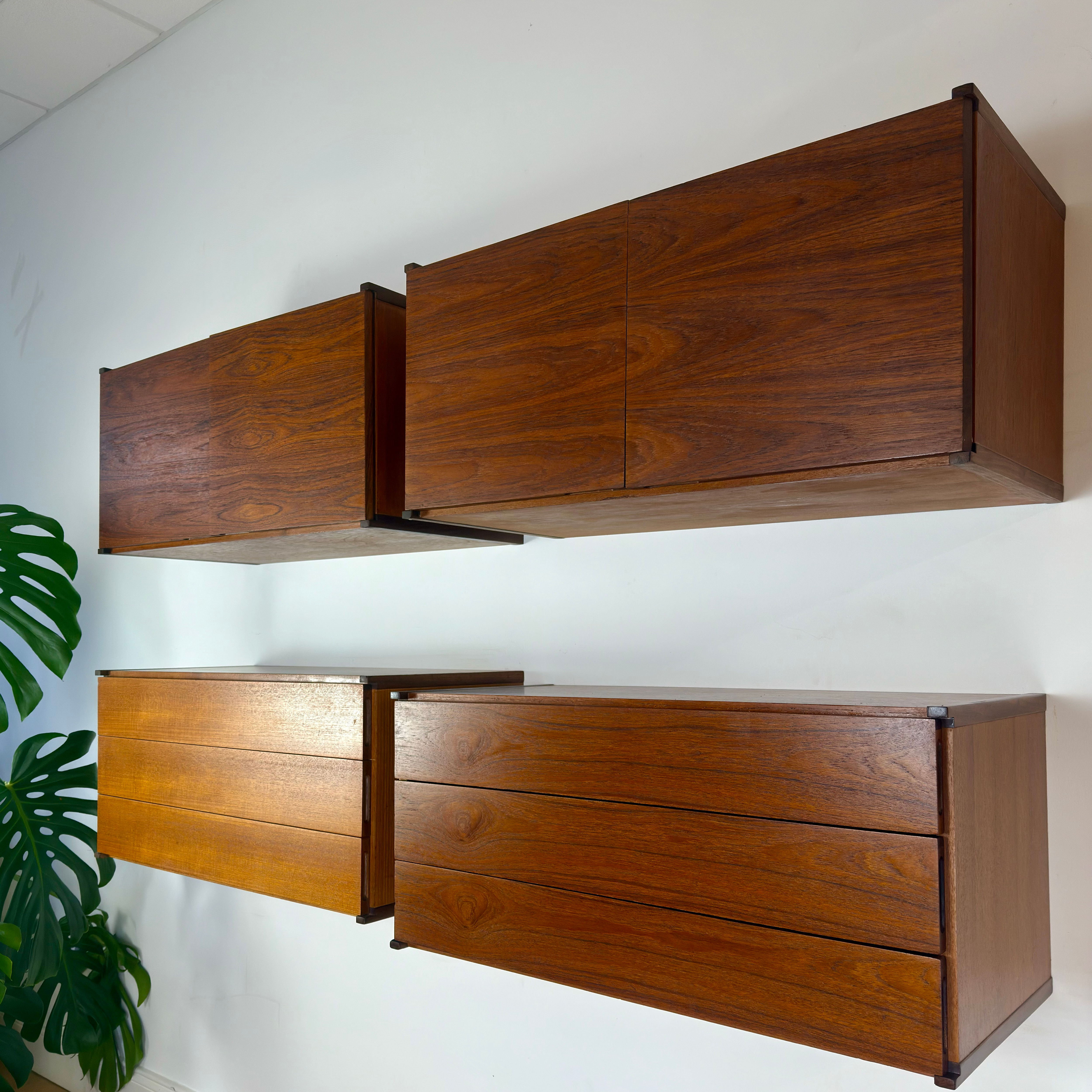 Set of 4 mid century teak floating wall cabinets by Beaver & Tapley
