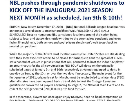 NBL pushes through pandemic shutdowns to 
KICK OFF THE INAUGURAL 2021 SEASON 
NEXT MONTH as schedule