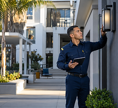 Technician in uniform inspecting an outdoor light fixture