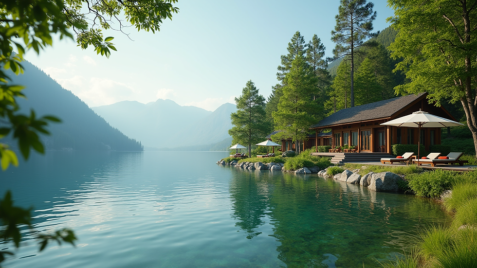 Eye-level view of a serene lakeside resort with lush greenery