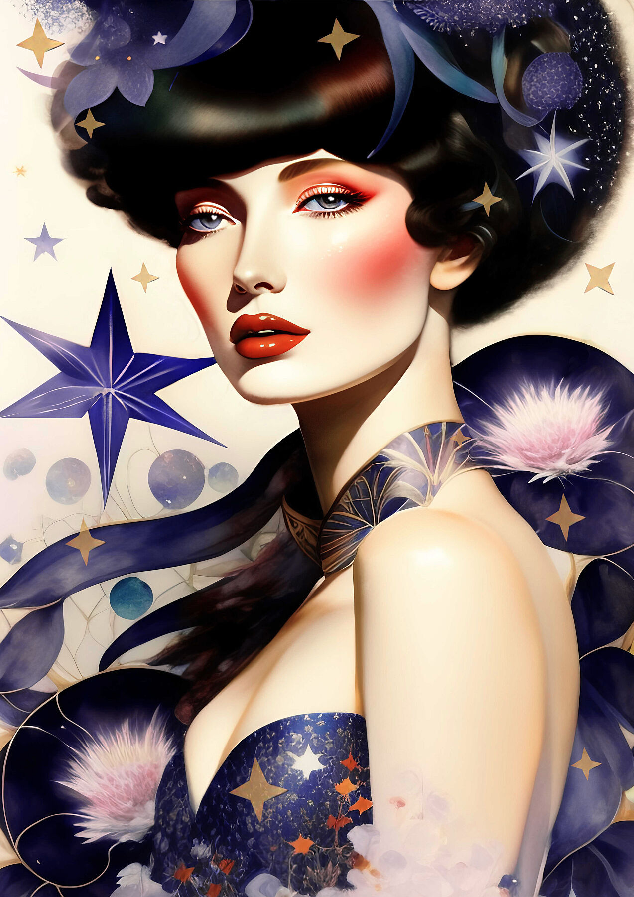 Emily and stars artwork art deco watercolour style velvet texture quality giclée art print for home décor