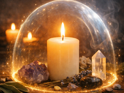 A glowing candle surrounded by mystical crystals and herbs emits a shimmering energy shield, creating a serene and protective atmosphere.