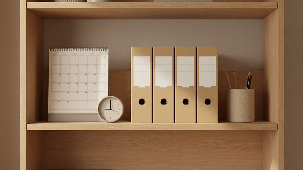 Wide-angle view of a quiet home shelf with folders, a wall calendar, and a small clock.