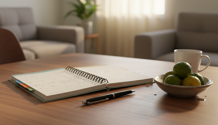 Close-up view of a calendar notebook with coloured tabs on a dining table