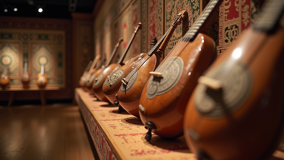 Eye-level view of traditional Naxi musical instruments displayed in a cultural museum