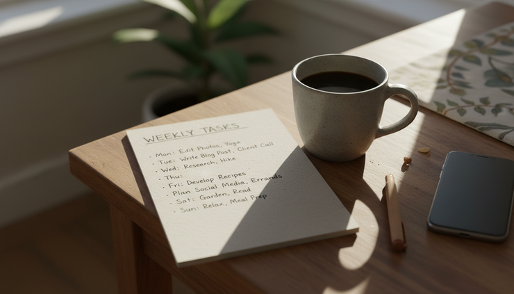 Eye-level view of a handwritten task list beside a cup of coffee on a kitchen table