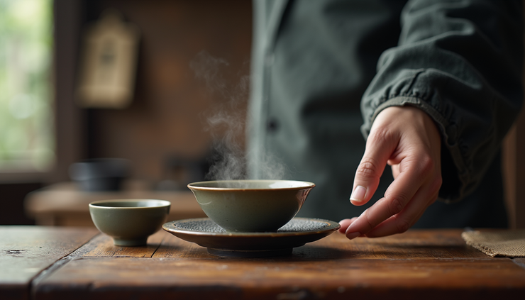 Close-up view of a traditional tea ceremony with Pu’er tea in Yunnan