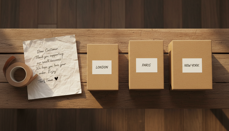 Overhead view of labelled parcels and a handwritten customer note on a wooden bench