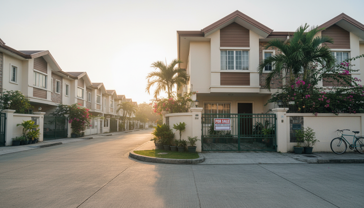Wide-angle view of a quiet residential street with a townhouse for sale
