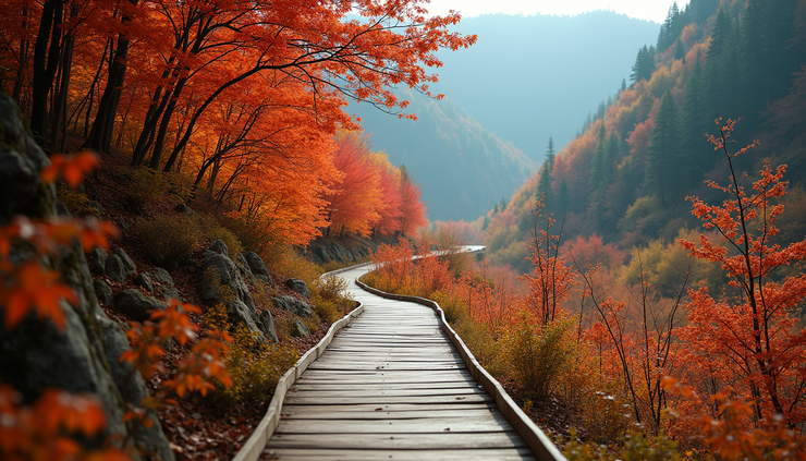 Close-up view of a wooden trail winding through colorful forest in Jiuzhaigou