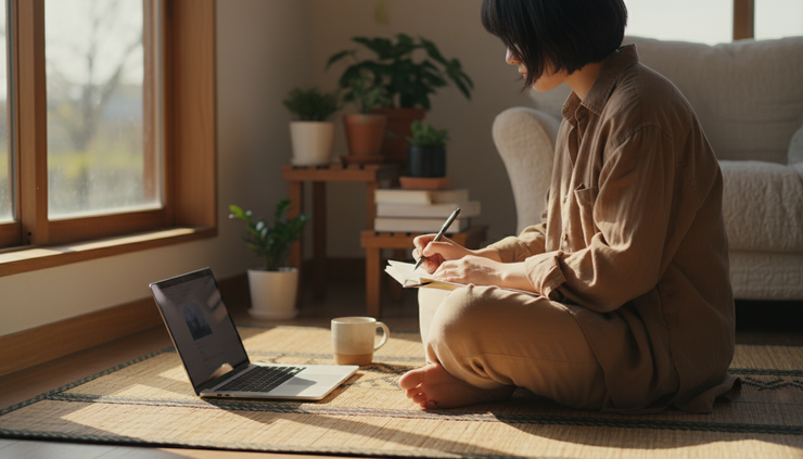 Side view of a person writing notes beside an open laptop on a woven mat