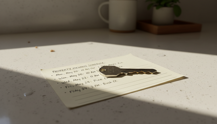 Close-up view of a house key beside a handwritten viewing schedule on a kitchen counter