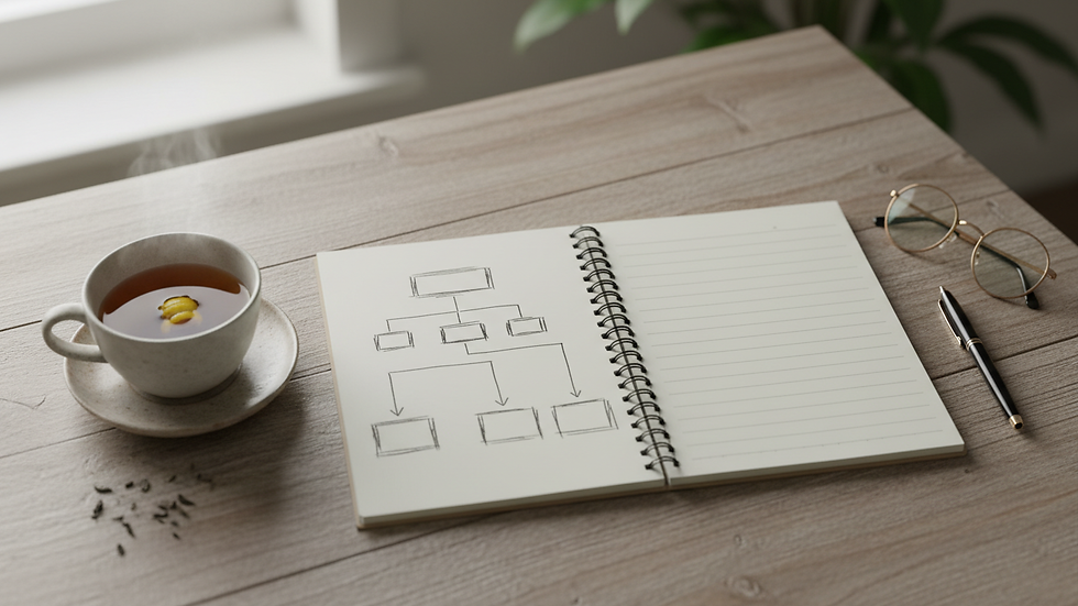 Overhead view of a notebook beside a cup of tea with a short handwritten role plan.