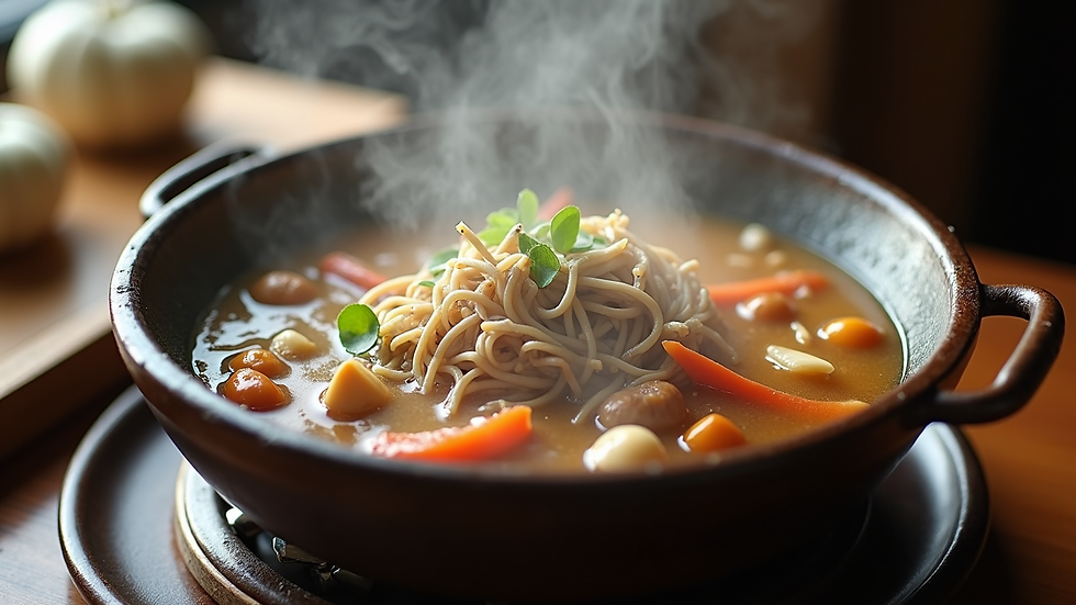 High angle view of a steaming Yunnan mushroom hot pot with fresh ingredients