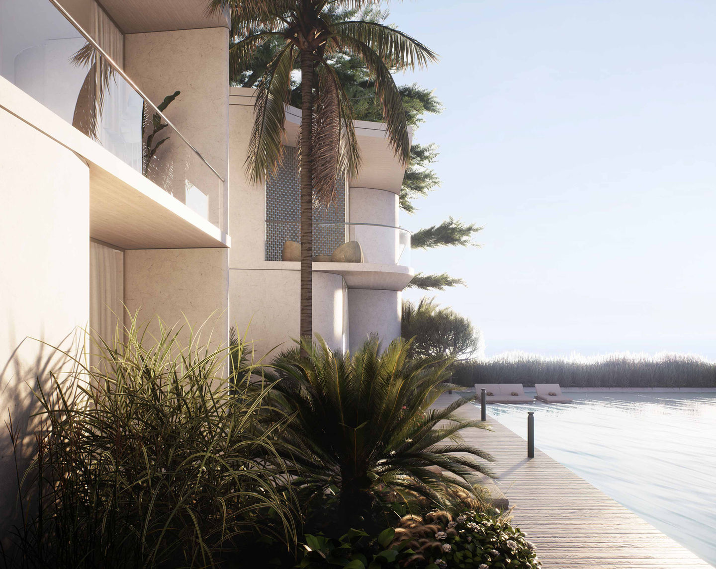 Close-up of the terrace and landscaping at a private residence with a view of the Mediterranean Sea.