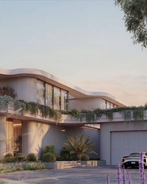 Modern house with curved design and greenery.