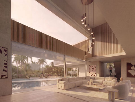 Luxurious open living space with pool view.