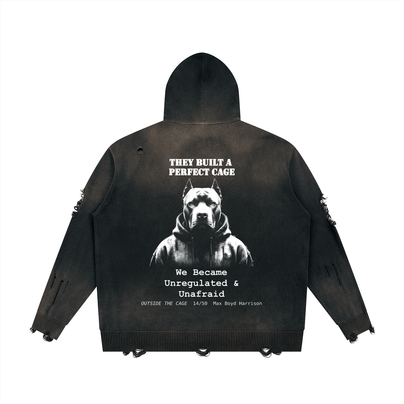 14/50 Outside the Cage Unisex Distressed Full Zip Sweater
