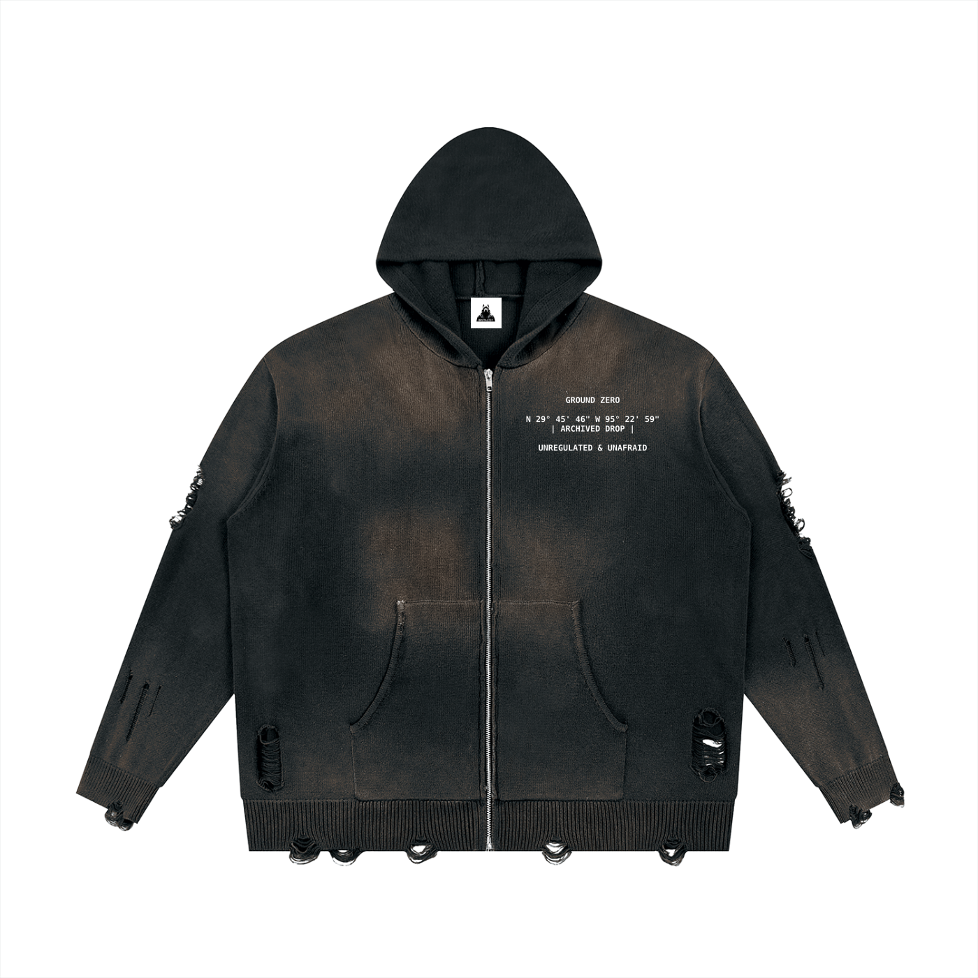 9/50 Outside the Cage Unisex Distressed Full Zip Sweater
