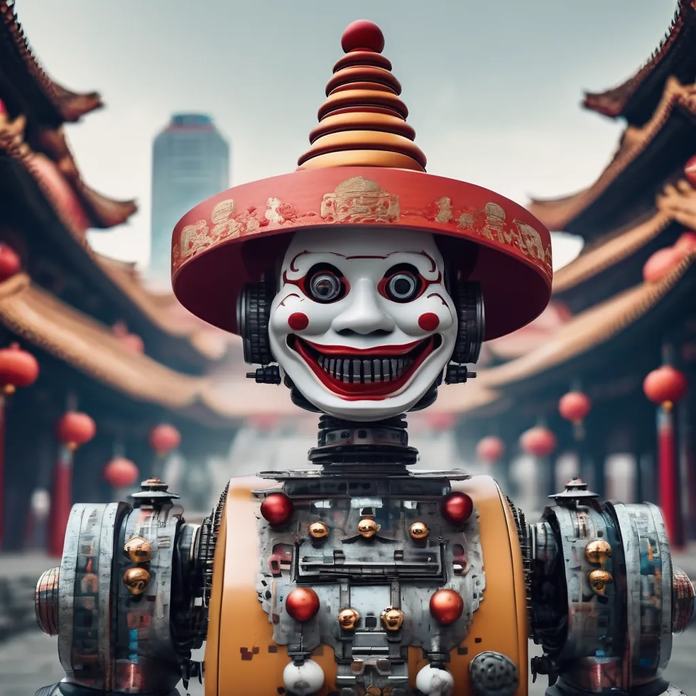 “Scary AI robot with a clown hat, and Chinese pagodas in the background” image generated by Poe Photo_CreateE. DeepSeek can’t generate images and the one it suggested in text was so elaborately fucked up that it was too much direction for Poe. But it would have made for a terrifying image!