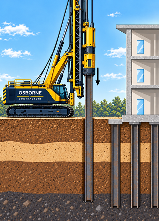 Illustration of a piling rig driving a steel H-pile, with a cutaway showing H-piles beneath a building